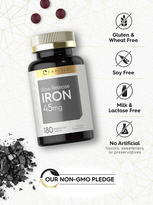 Carlyle Slow Release Iron | 45 mg | 180 Tablets - Vegetarian, Non-GMO, Gluten Free Formula | Ferrous Sulfate Mineral