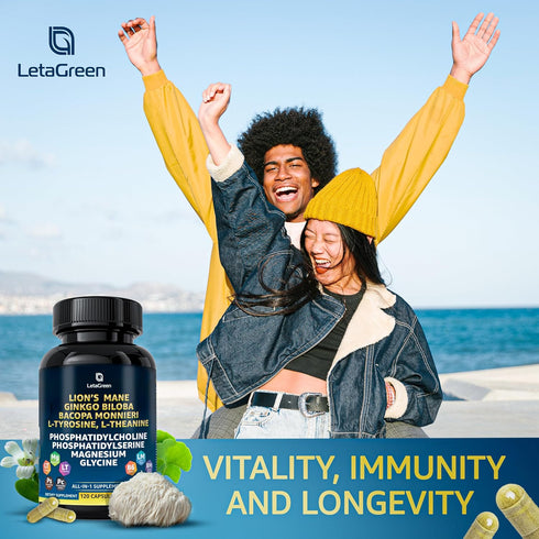 Organic Lions Mane Supplement Capsules - 120 Capsules with Ginkgo Biloba, Bacopa Monnieri for Brain Support