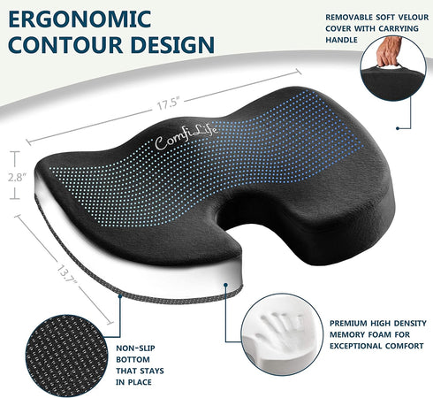 100% Tailbone ComfiLife Premium Comfort Seat Cushion - Non-Slip Orthopedic Memory Foam Coccyx Cushion for Pain