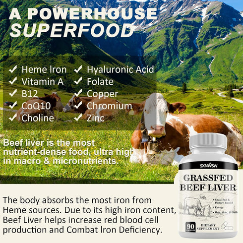 SXNWSN Immunity 3000mg 90ct Grass Fed Beef Liver Capsules - Supports Energy Production, Detoxification, Digestion