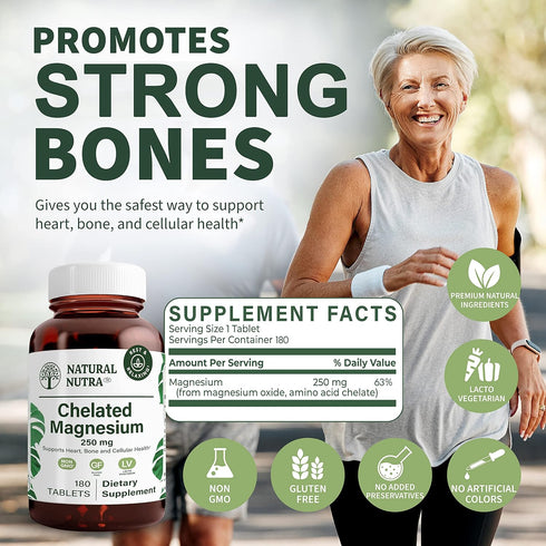 Natural Nutra Chelated Magnesium Oxide Supplement - Promotes Strong Bones, Dental Health, and Energy Levels - 180