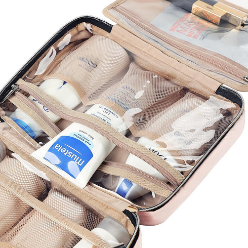NISHEL Travel Toiletry Bag for Women - Portable Hanging Organizer for Full-Sized Shampoo, Conditioner, Brushes Set,