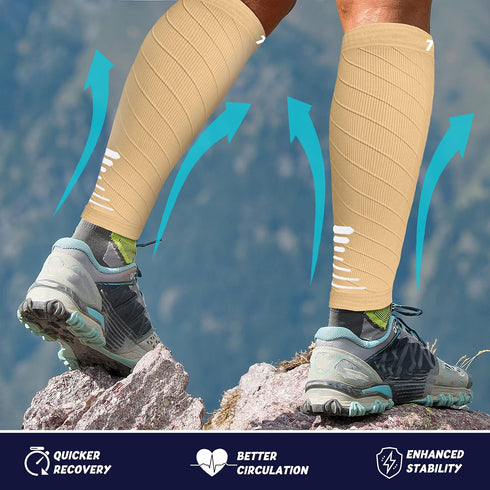 Calf Compression Sleeve for Men Women (2 Pairs) - Footless Compression Socks for Running, Beige/White, Medium