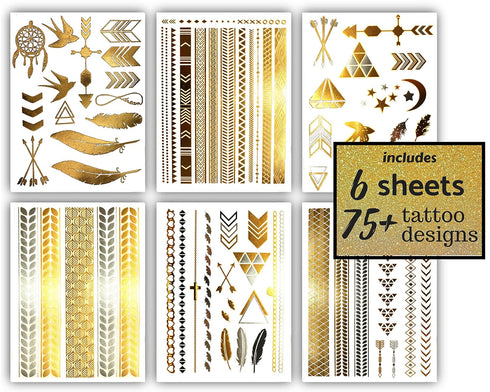 Terra Tattoos Gold Metallic Tattoo Flash Sheets, Waterproof Nontoxic Designs for Festivals and Parties