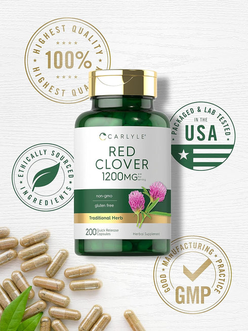 Carlyle Red Clover Capsules 1200mg | 200 Count | Non-GMO, Gluten Free | Trifolium Pratense Extract Supplement