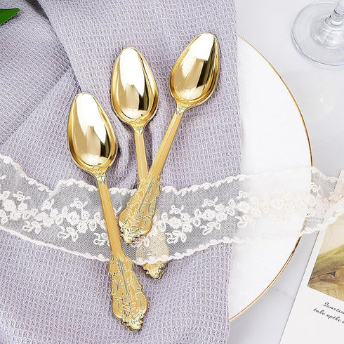 WDF 100 Piece Gold Plastic Spoons, 6.93 Inch Heavy Duty Disposable Silverware for Dessert Cake, Party or Daily Use