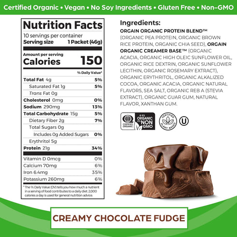Orgain Organic Vegan Protein Powder, Creamy Chocolate Fudge, 21g Plant Protein, 6g Prebiotic Fiber, Low Carb, No