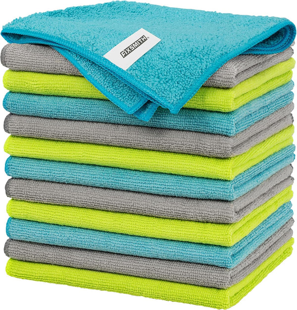 FIXSMITH Microfiber Cleaning Cloth - Pack of 12, 12 x 16 in, Highly Absorbent, Lint-Free Cleaning Rags for Home