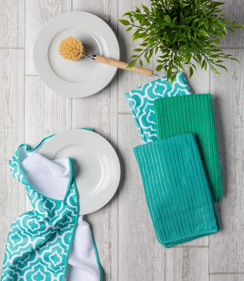 DII Cleaning Collection Multi-Purpose Microfiber Dishtowel Set, Teal Lattice