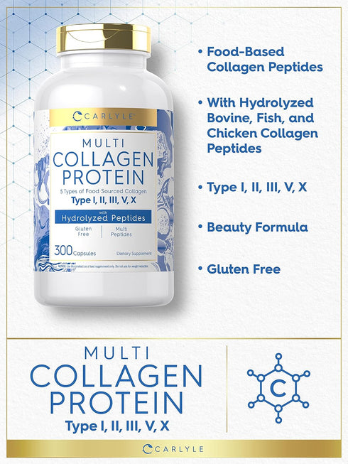 Carlyle Multi Collagen Protein Capsules 2000mg | 300 Count | Type I, II, III, V, X | Gluten Free