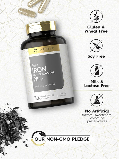 Carlyle Easy Iron 28 mg, 300 Capsules, Non-GMO, Gluten Free, Gentle on Stomach Formula