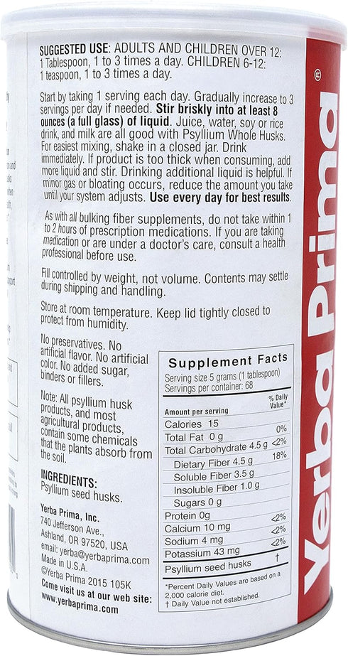 Yerba Prima Psyllium Husk, 12 Ounce (Pack of 2) - Natural Colon Cleanser Fiber Supplement for Gut Health