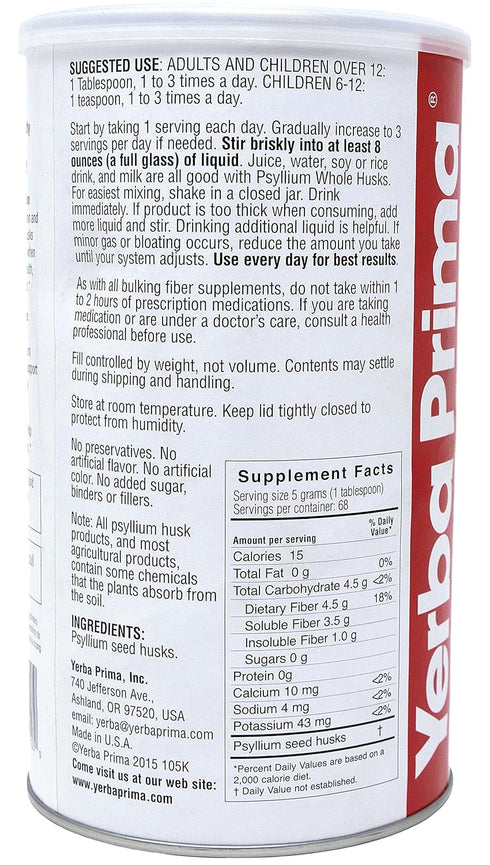 Yerba Prima Psyllium Husk, 12 Ounce - Whole Husk Fiber Supplement, Vegan, Gluten Free