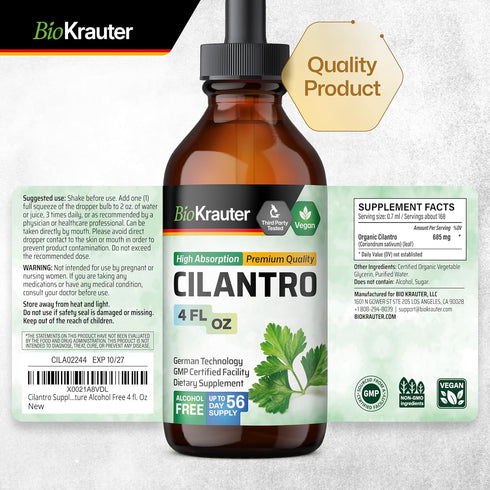 Organic Cilantro Supplement, 4 Fl.Oz., Natural Body Cleansing & Detox Liquid, Vegan, Alcohol-Free Drops