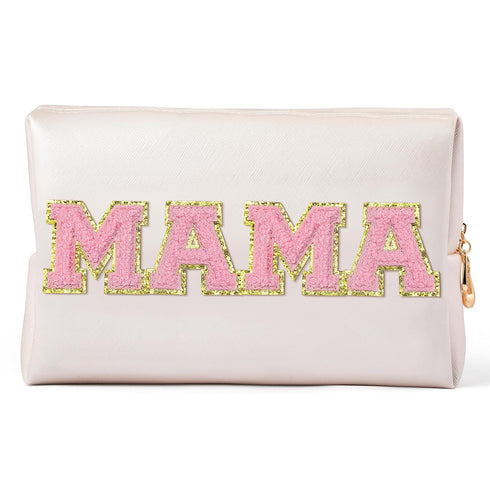 Y1tvei Preppy Patch Extra Large Mama Varsity Letter Makeup Bag, Pink Chenille Letter PU Leather Zipper Organizer