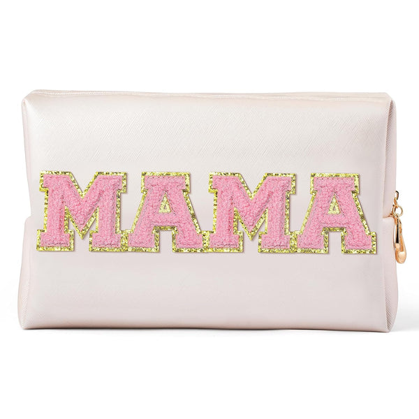 Y1tvei Preppy Patch Extra Large Mama Varsity Letter Makeup Bag, Pink Chenille Letter PU Leather Zipper Organizer