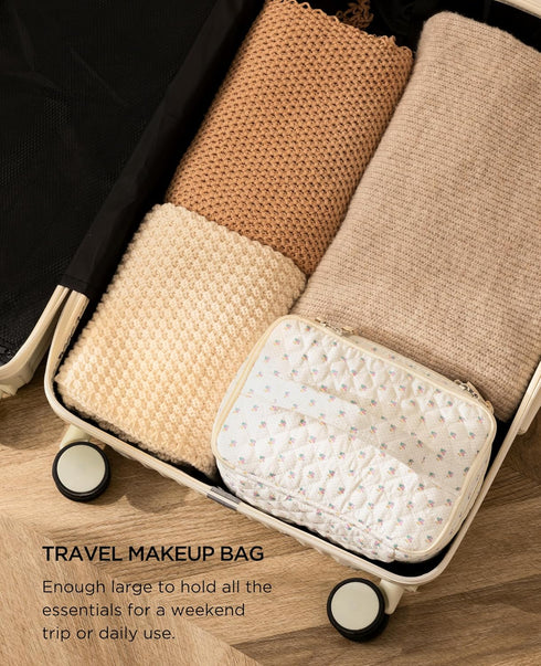 HBselect 2Pcs Double Layer Travel Makeup Bag, Large Cotton Quilted Makeup Bag, Aesthetic Cute Kawaii Cherry Design