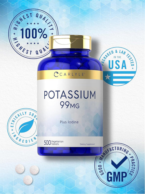 Carlyle Potassium 99mg | Plus Iodine | 500 Vegetarian Tablets | Non-GMO, Gluten Free Supplement