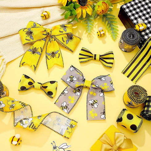 6 Rolls 20 Yards Bee Ribbon Dot Wired Edge Yellow Black Dots for DIY Gift Wrapping, Party Decor, Hair Bow