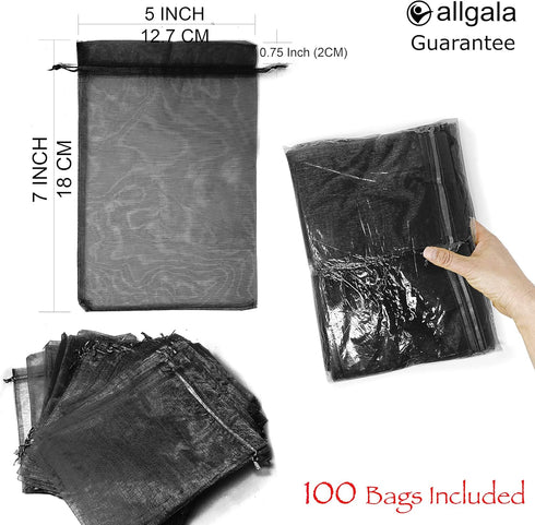 Allgala 100 Count Orangza Gift Party Favor Bags with Drawstring 5x7 Inch Black