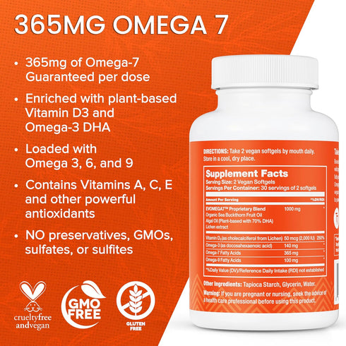 sibu Omega-7 Plus Softgels (60ct) – Sea Buckthorn Oil & Plant-Based Vitamin D3 & Omega-3 DHA - 30 Day Supply