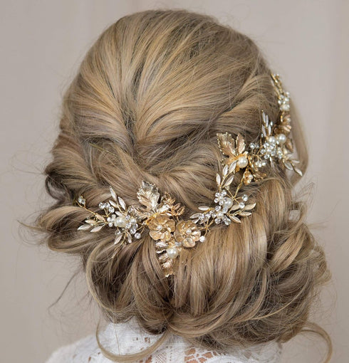 Kercisbeauty Gold Flower Leaf Vintage Headband Rhinestones Pearl Hair Vine Bridal Tiara Rustic Wedding Headpiece for Brides Women Dancing Ball Handmade Jewelry