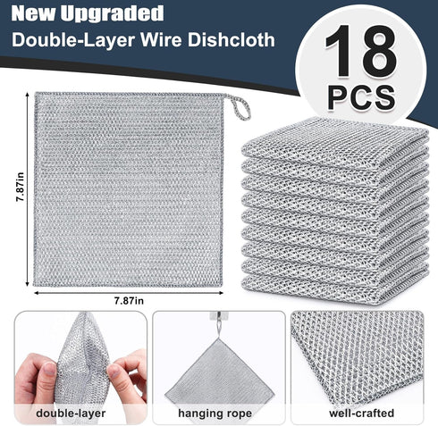 Navona 18 Pcs Steel Wire Dishcloth, Double-Layer Multipurpose Non-Scratch Wire Dishwashing Rag for Cookware, Sinks,