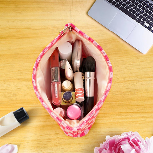 2-Pack Makeup Bag for Women, Large Checkered Knitted Cosmetic Bags & Small Pouch, Travel Toiletry Bag (Pink)