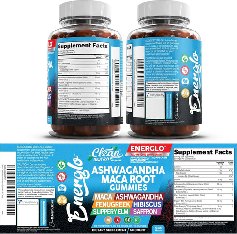 Gummies Gummy Ashwagandha Maca Root with Fenugreek Hibiscus Slippery Elm Saffron Extract & Beta Carotene | Peach Flavor