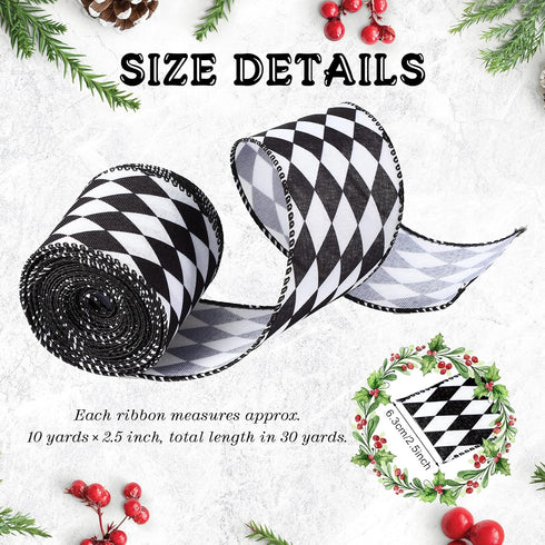 3 Rolls 30 Yards Black White Harlequin Ribbon Checkered Wired Ribbon Decorative Ribbons for Xmas Fall Tree Wrapping Wreath Bouquet Crafts(2.5 Inch Wide) by Luinabio