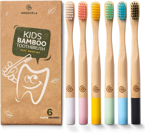 GREENZLA Kids Bamboo Toothbrushes (6 Pack), BPA Free Soft Bristles, Eco-Friendly Natural Toothbrush Set, Biodegradable