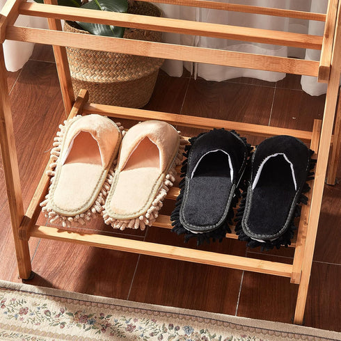 2 Pairs Microfiber Cleaning Mop Slippers for Floor Cleaning, Washable Unisex Dusting Slippers (Black, Beige, Medium)