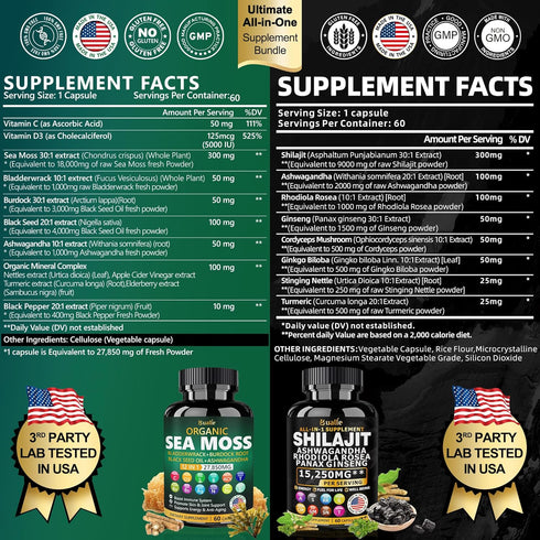 Sea Moss and Shilajit Bundle, 60 Count with Sea Moss, Black Seed Oil, Ashwagandha, Ginger & Shilajit, 2 Pack