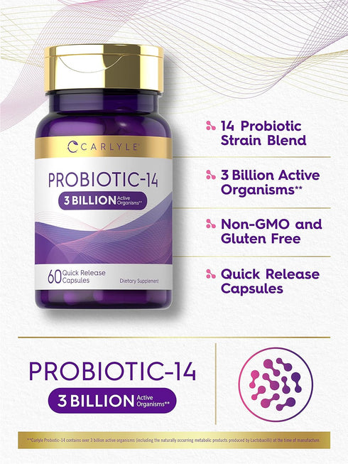 Carlyle Probiotic for Women & Men | 3 Billion CFU | 60 Capsules | 14 Strains | Non-GMO & Gluten Free
