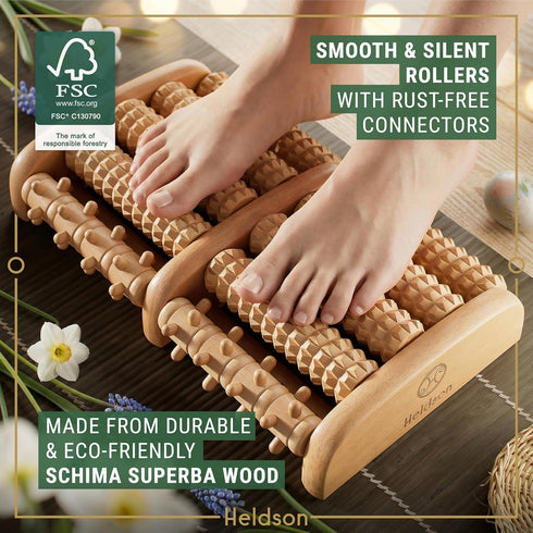 HELDSON Foot Massager Roller Plantar Fasciitis Pain Relief - Wooden Under Desk Feet Massage - Dual Manual Heel