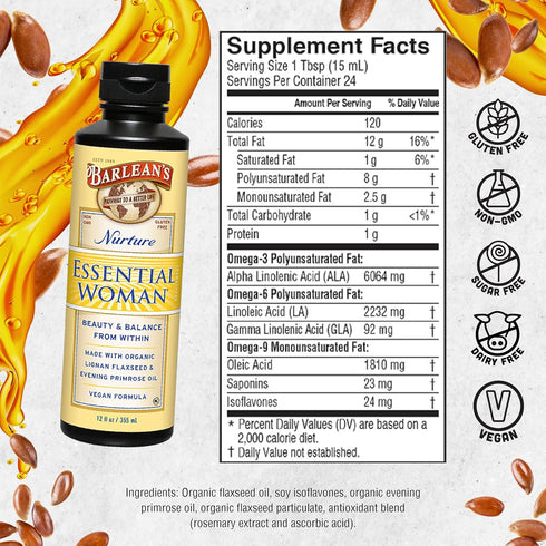 Barlean's Essential Woman Liquid Supplement, 12 oz, Organic Flaxseed, Evening Primrose Oil & Soy Isoflavones for