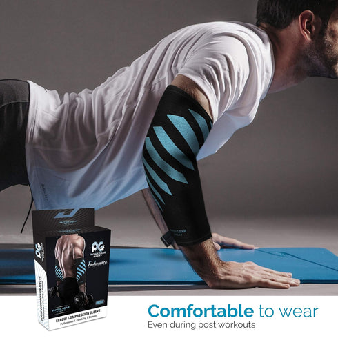 Physix Gear Workout Elbow Sleeves, Compression for Weightlifting, Tendonitis, Bursitis, Blue/Black, S