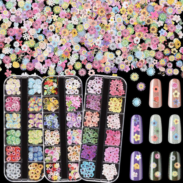Maitys 3 Boxes 1080 Pcs 3D Flowers for Nails Decals, Colorful Mixed 3D Flower Leaves for DIY