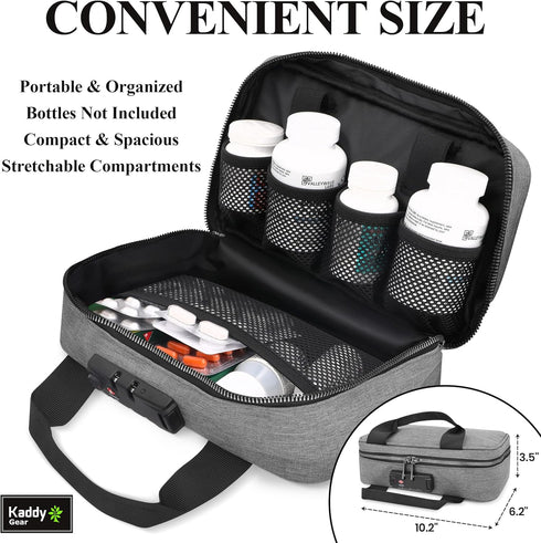 Kaddy Secure Pill Organizer Box for Medicine or Supplements; Travel or Home Storage, TSA Approved Lock (Grey)