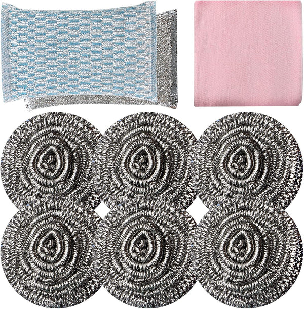 6pcs Stainless Steel Scrubber, 2pcs Heavy Duty Scrub Sponges, 1pcs Dish Clean Towel