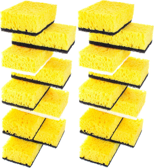 Yellow Multi Use Scrub Sponge, Large Pack of 18, 4.3x2.8x1.4 inches, Black Heavy Duty & White Non Scratch Fiber,