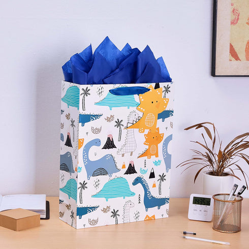 SUNCOLOR 16" Extra Large Gift Bag with Tissue Paper for Boys (Dinosaurs)