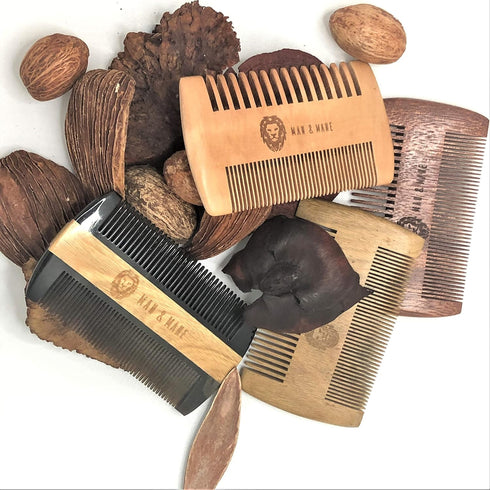Premium Natural Ox Horn and Sandalwood Beard Comb, Dual-Action, Double Sided with Brown Protective Case