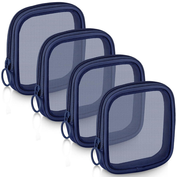 Weewooday 4 Pcs Mesh Makeup Bag, Travel Toiletry Pouch with Zipper, Mini Portable Cosmetic Bag (Navy Blue)