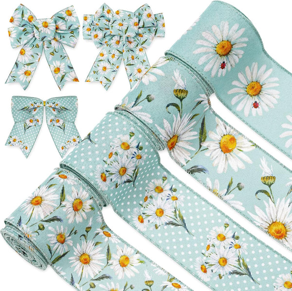 4 Roll Spring Daisy Wired Edge Ribbon 2.5 Inch Floral Watercolor for Birthday, Wedding, Home Decor, 24 Yards