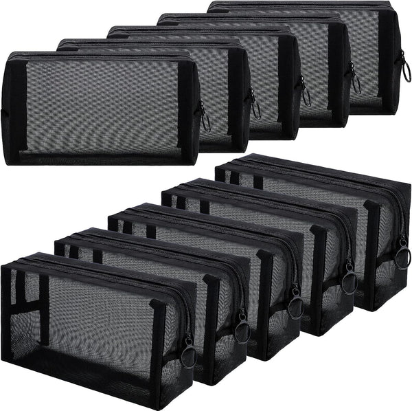 Frienda 10 Pieces Mesh Makeup Bag - Portable Black Mesh Cosmetic Zipper Pouch for Travel