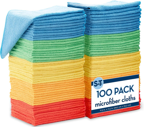 S&T INC. 100 Pack Microfiber Cleaning Cloth, Assorted Reusable Towels for Home and Cars, 11.5 in. x 11.5 in.