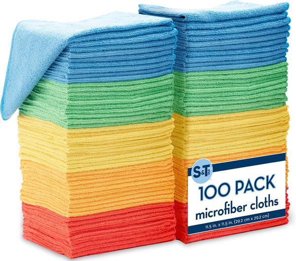 S&T INC. 100 Pack Microfiber Cleaning Cloth, Assorted Reusable Towels for Home and Cars, 11.5 in. x 11.5 in.