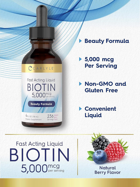 Carlyle Biotin Liquid Drops 5000mcg | 4 fl oz | Berry Flavor, Vegetarian, Non-GMO & Gluten Free