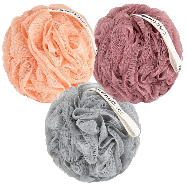 MainBasics Bath Shower Loofah Sponge Pouf, Body Scrubber Exfoliator Body Wash Sponge (Set of 3, Coral Reef)
